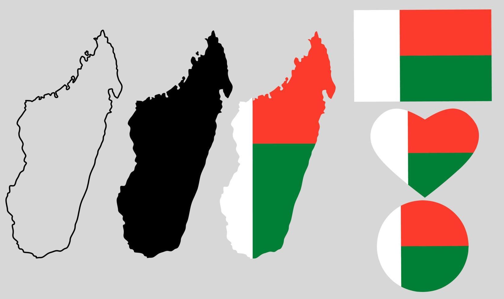 insieme dell'icona della bandiera della mappa della repubblica del madagascar vettore