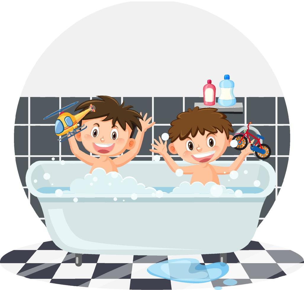 due bambini nella vasca da bagno in stile cartone animato vettore