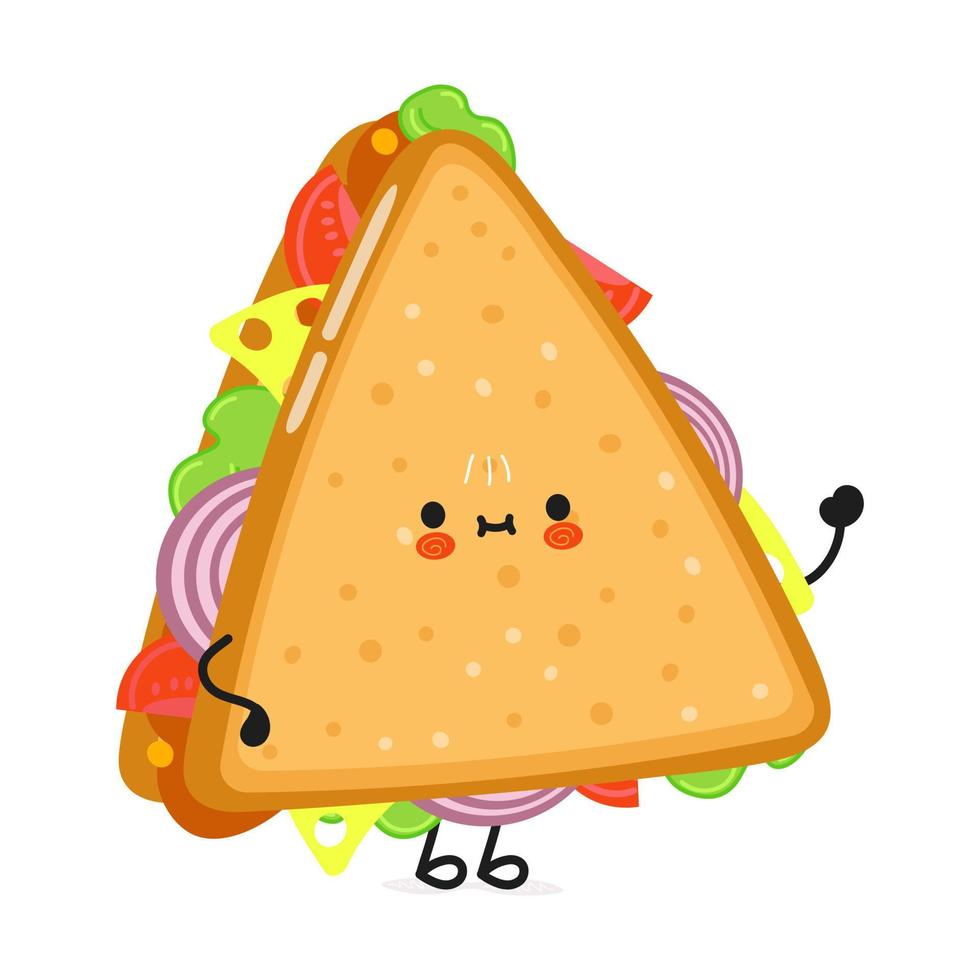 simpatico panino divertente agitando il carattere della mano. icona dell'illustrazione del carattere kawaii del fumetto disegnato a mano di vettore. isolato su sfondo bianco. concetto di carattere sandwich vettore