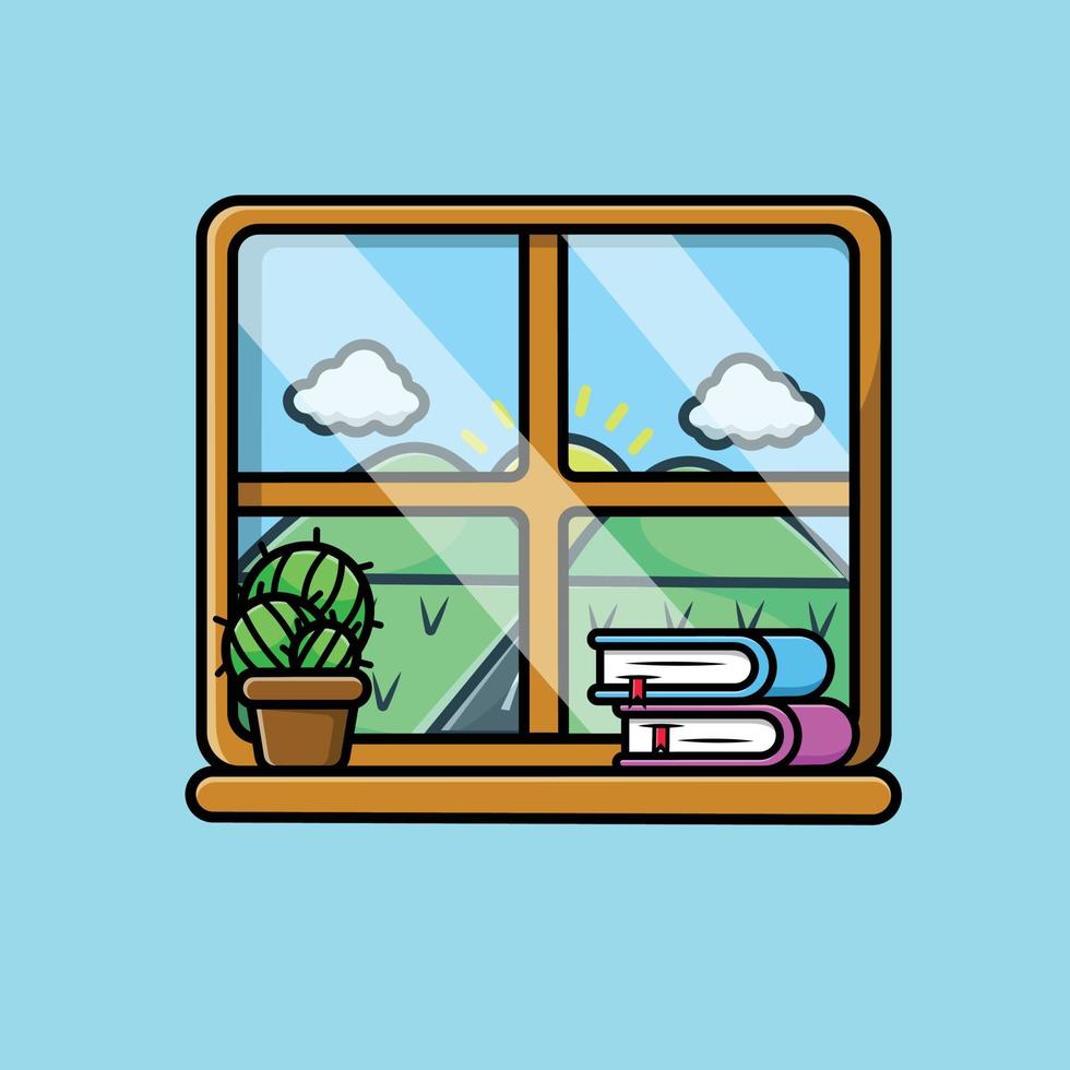 vista della finestra con l'illustrazione dell'icona di vettore del fumetto della pianta e del libro. natura oggetto icona concetto isolato premium vettore.