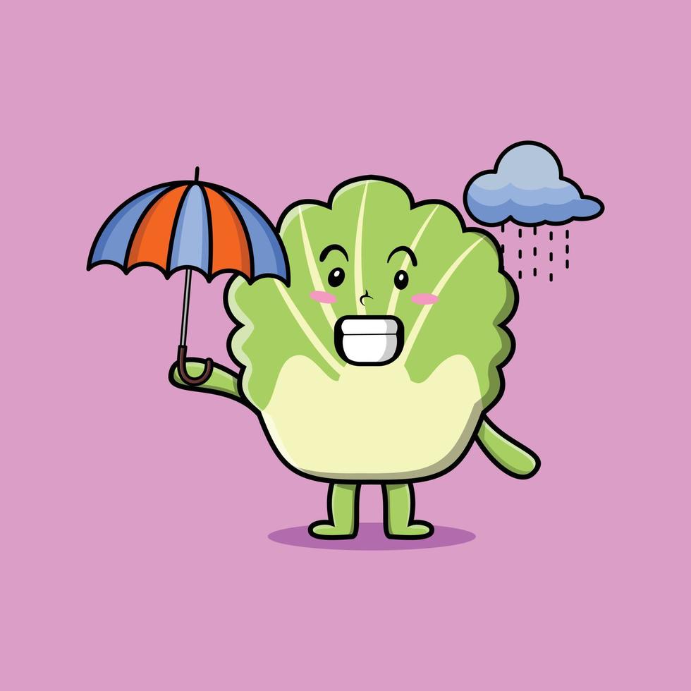cavolo cinese simpatico cartone animato sotto la pioggia e ombrello vettore