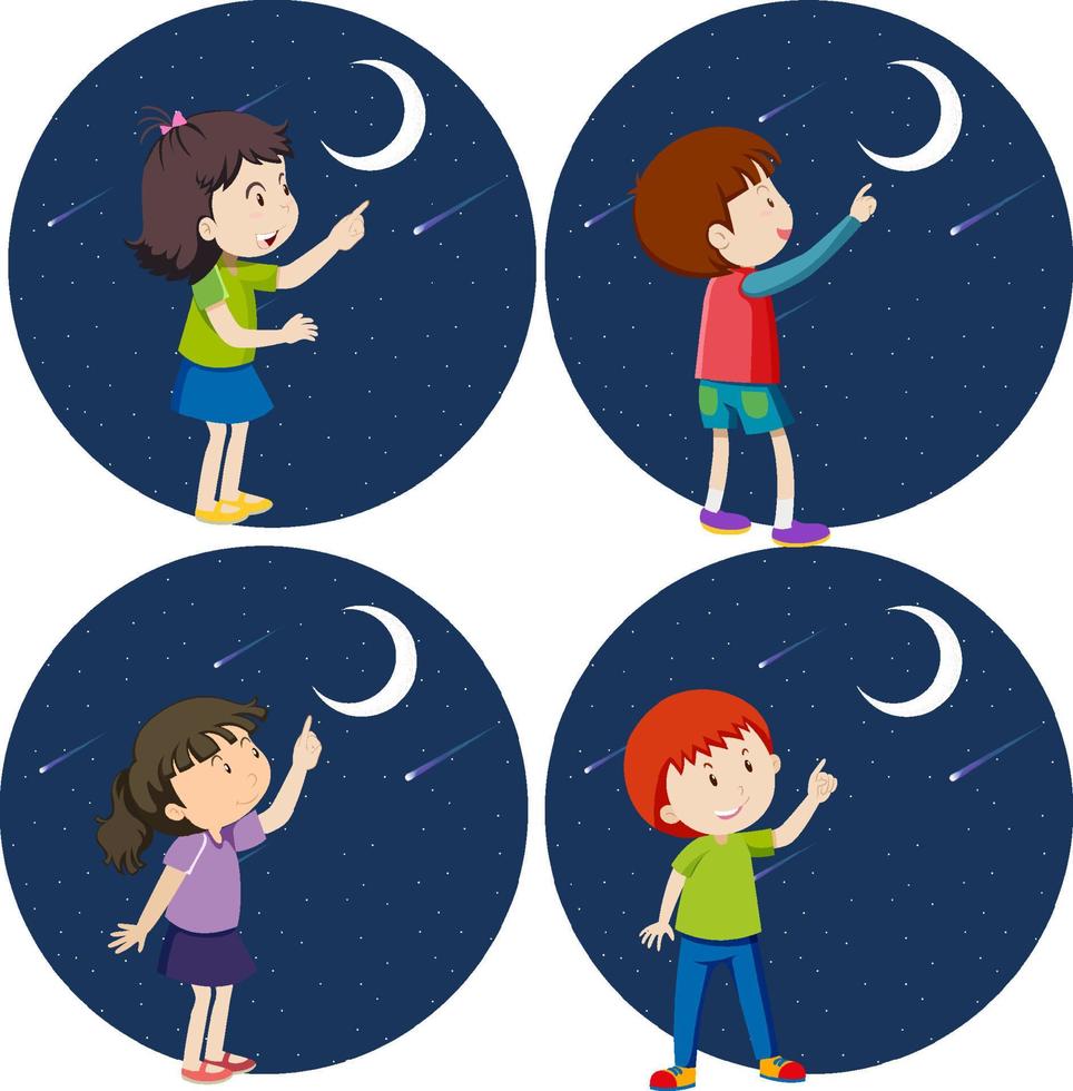 set di bambini diversi che puntano il dito verso la luna vettore