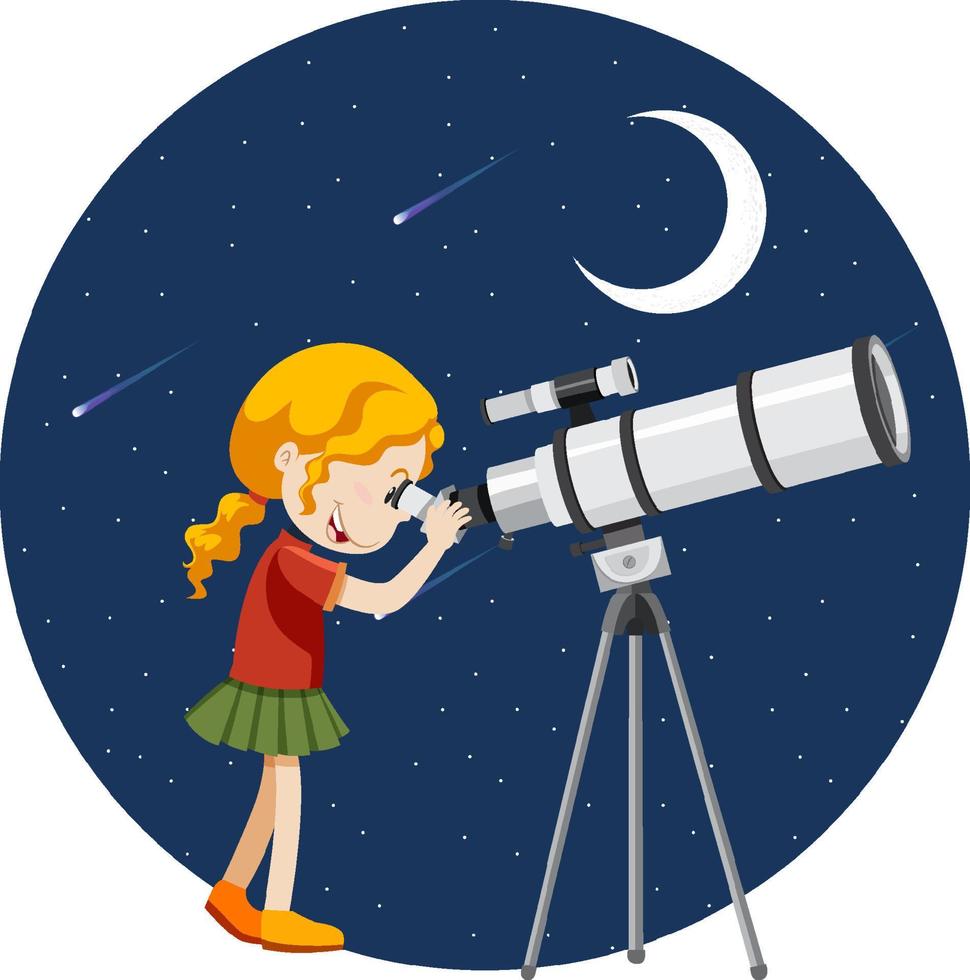 una ragazza che guarda attraverso il telescopio di notte vettore