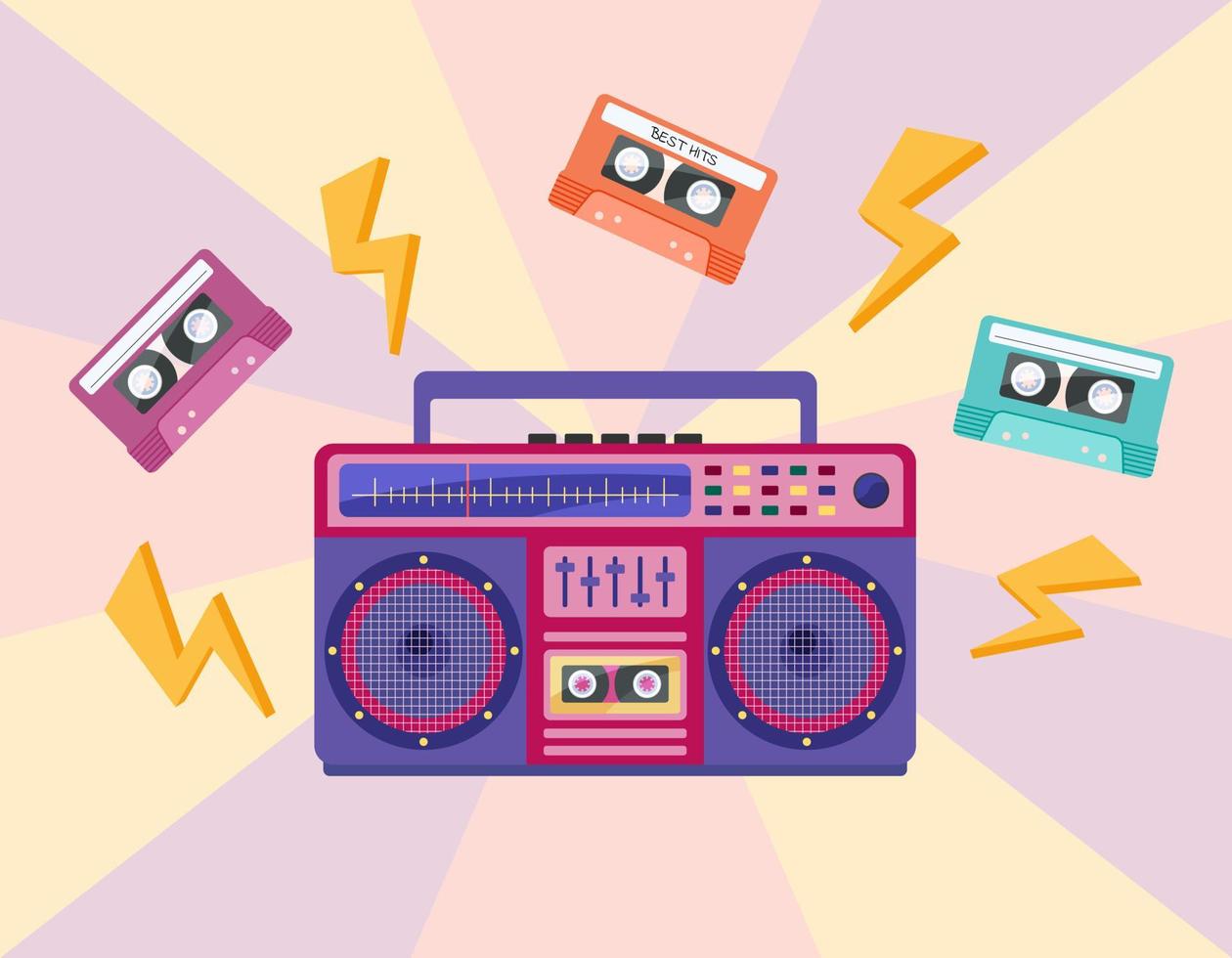 Musica anni '90. boombox vibrante e nastri isolati. dispositivo retrò registratore audio degli anni '80 e '90. illustrazione vettoriale piatta di boombox colorati e cassette