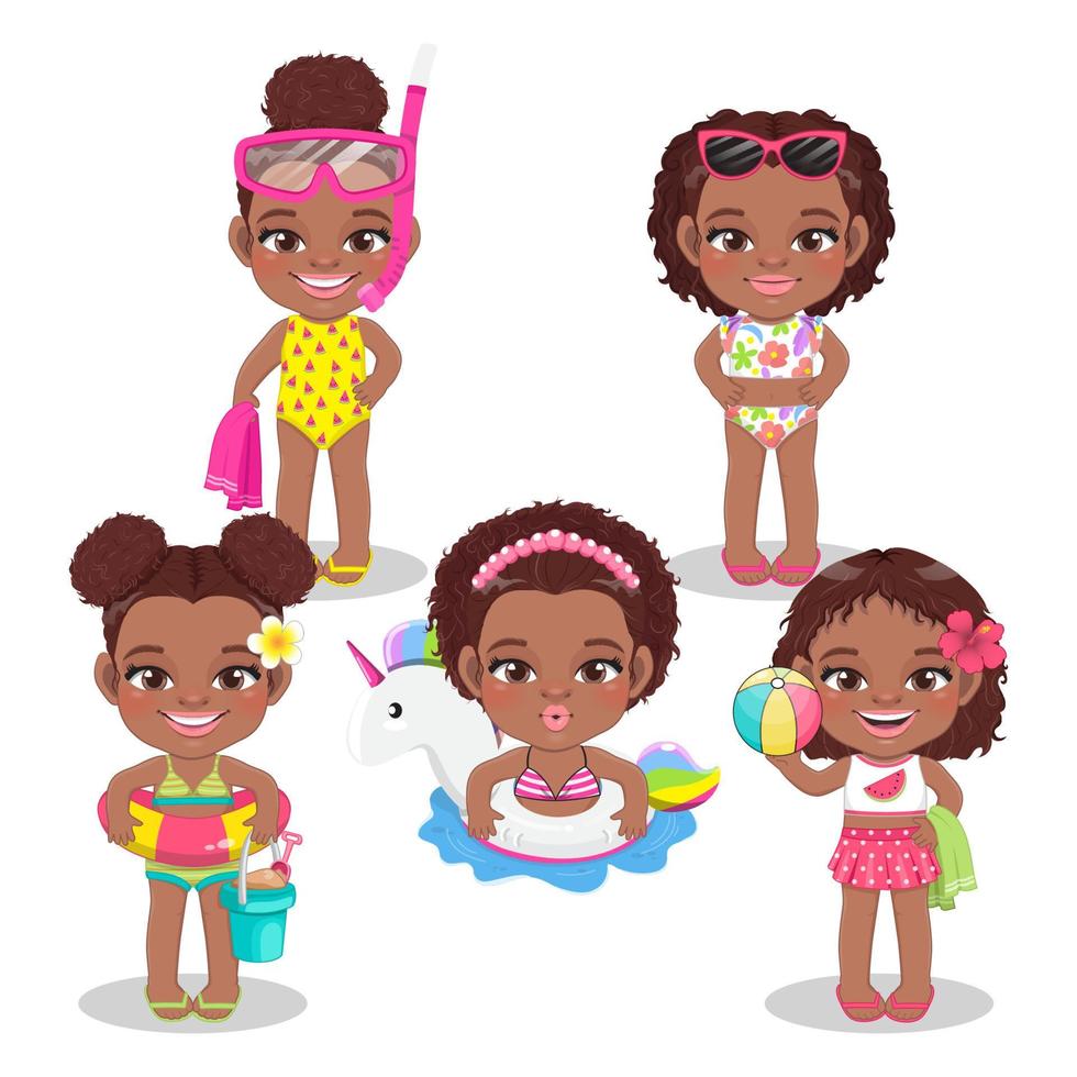 gruppo di ragazze nere che giocano in spiaggia durante le vacanze estive nel vettore di sfondo bianco