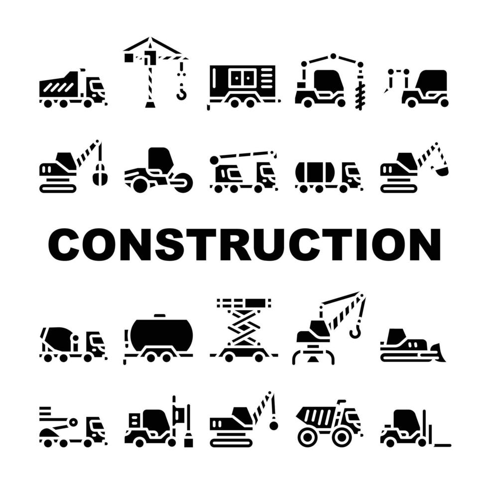 le icone della raccolta del veicolo di costruzione hanno messo l'illustrazione isolata vettore