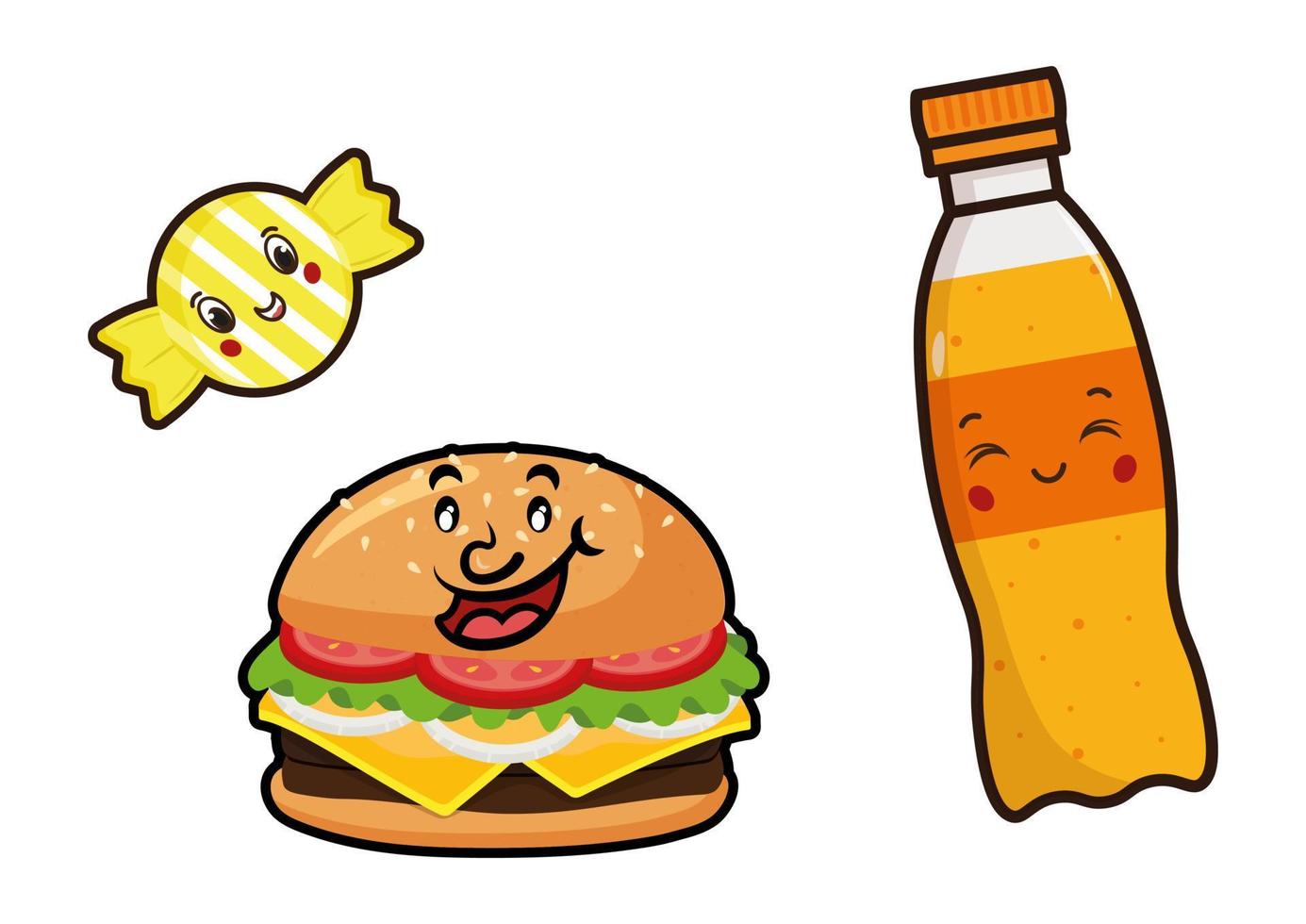 cartone animato caramelle, hamburger e succo di soda con la faccia isolata su sfondo bianco. illustrazione vettoriale di cibo cartone animato felice