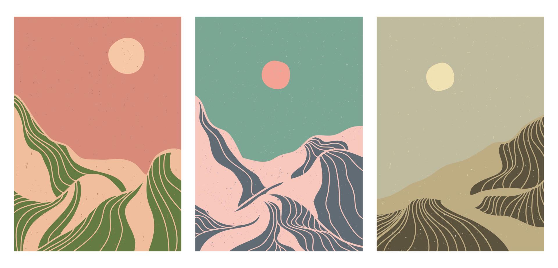 montagna in stile vintage. stampa d'arte minimalista moderna della metà del secolo sul set. sfondi astratti contemporanei estetici paesaggi. illustrazioni vettoriali