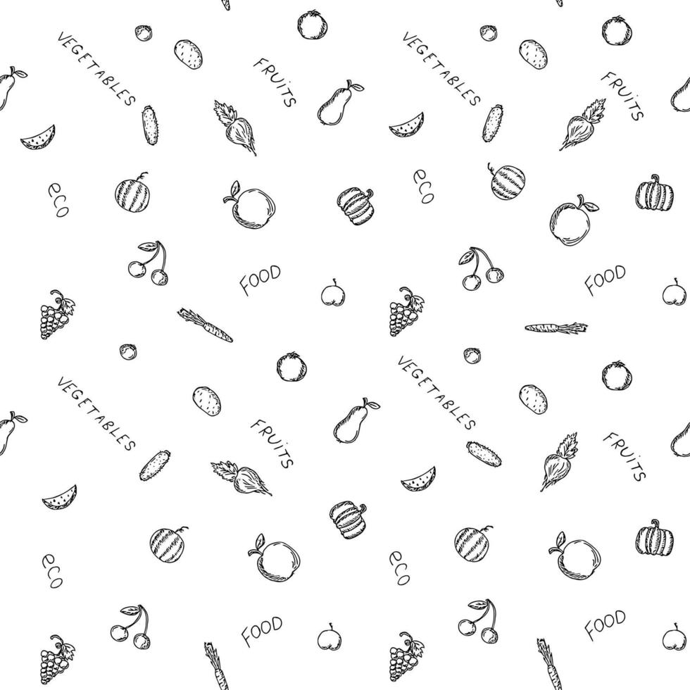 modello di cibo vegetariano senza soluzione di continuità. vettore di doodle con icone di cibo vegetariano su sfondo bianco. icone di cibo vintage