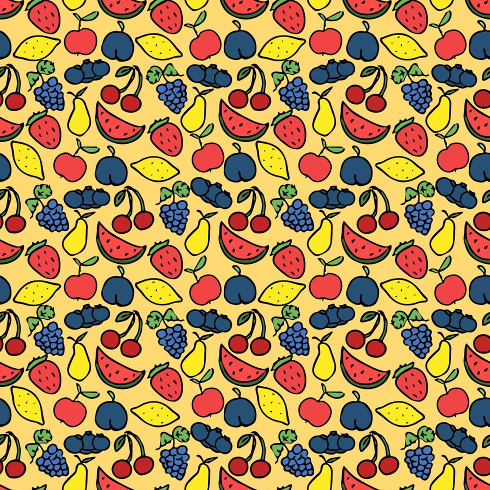 modello senza cuciture con icone di frutta. modello di frutta doodle colorato. sfondo di cibo vettore