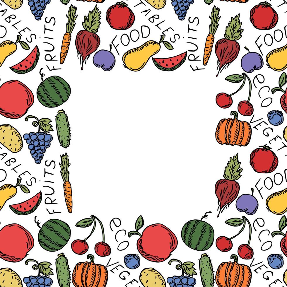 modello di cibo vegetariano senza cuciture con posto per il testo. vettore di doodle colorato con icone di cibo vegetariano. icone di cibo vintage