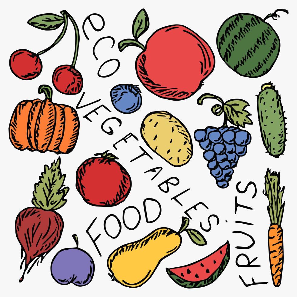 icone di cibo vintage. illustrazione vettoriale di doodle colorato con icone di cibo vegetariano.