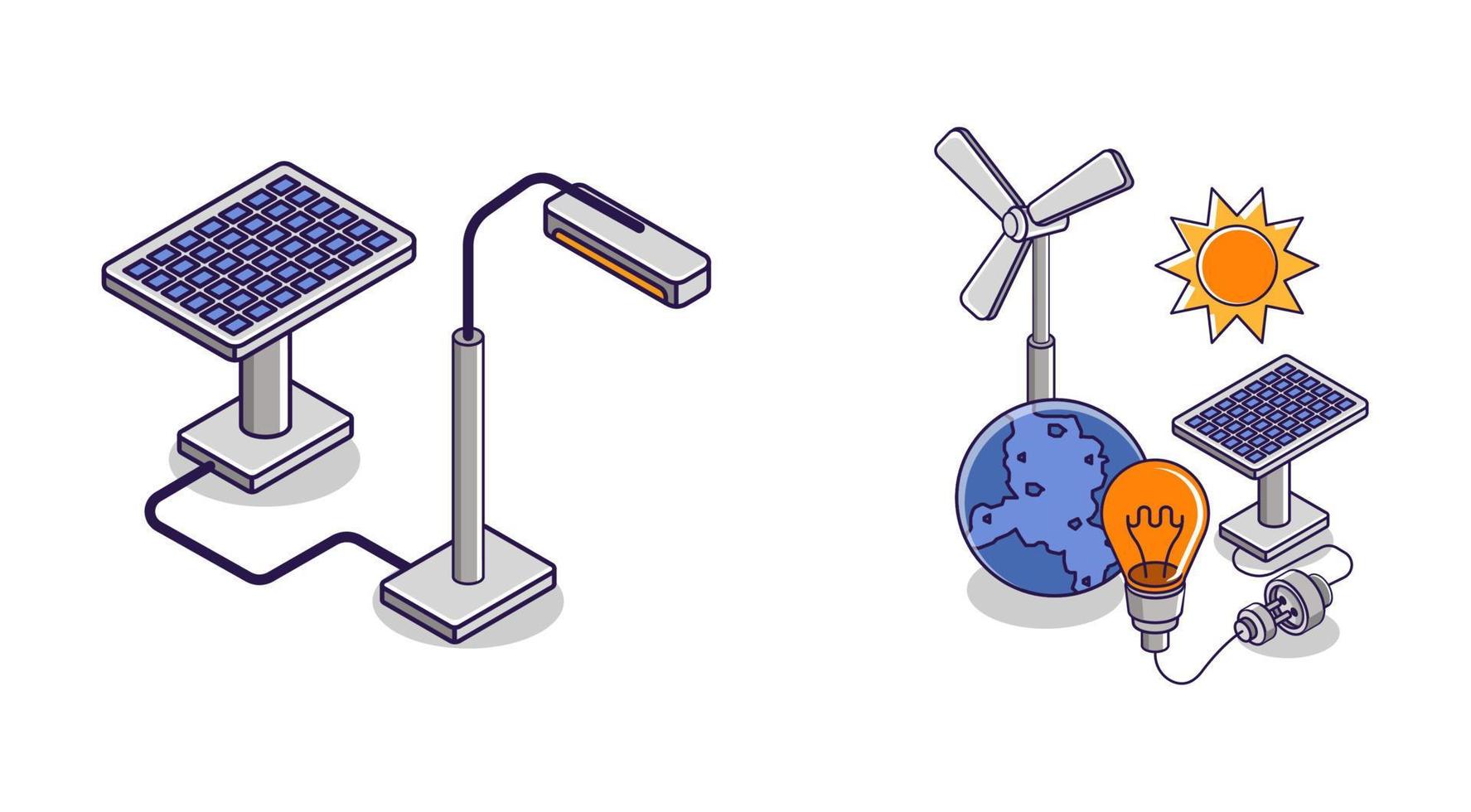 illustrazione del concetto isometrico piatto. pacchetto di set di icone per pannelli solari industriali vettore