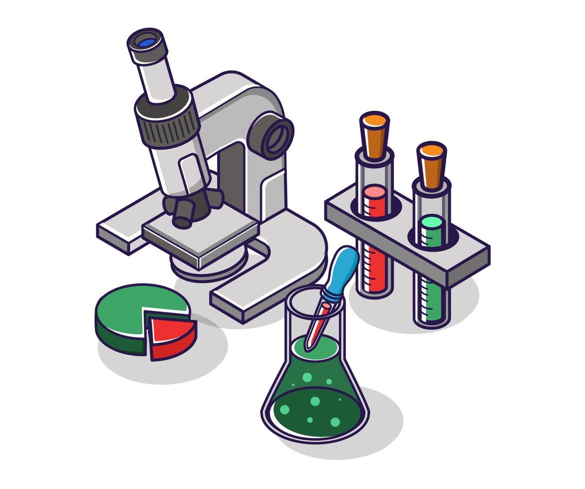 illustrazione del concetto isometrico piatto. microscopio e esperimento di laboratorio bottiglie di vetro vettore