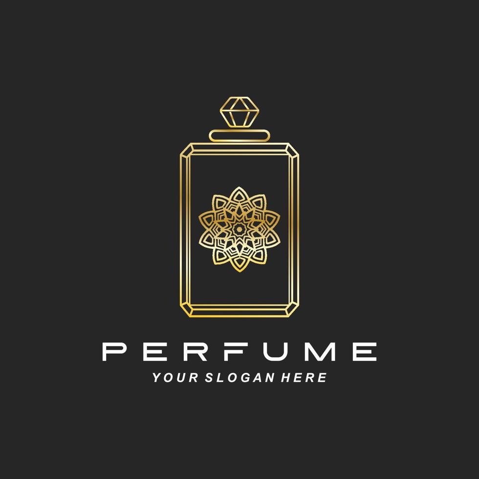 design del logo della bottiglia di profumo di lusso, illustrazione per cosmetici, bellezza, salone, prodotti aziendali, vettore