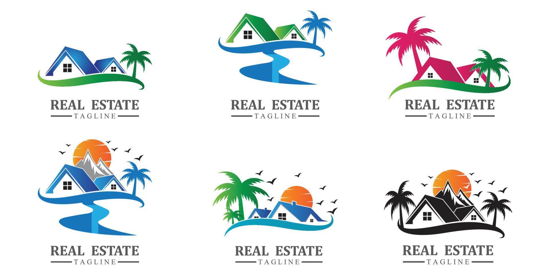 icone del design del logo immobiliare con sole e uccelli gratis vettore