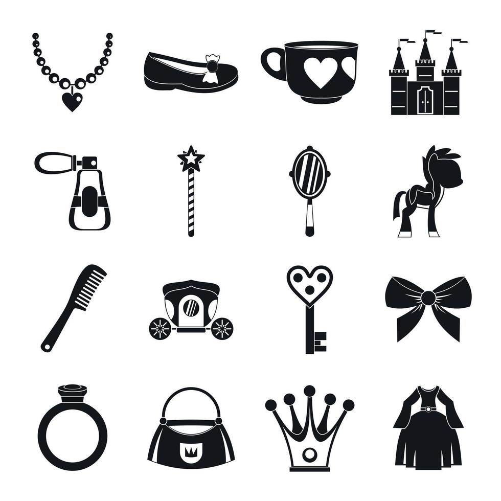 set di icone di oggetti principessa bambola, stile semplice vettore