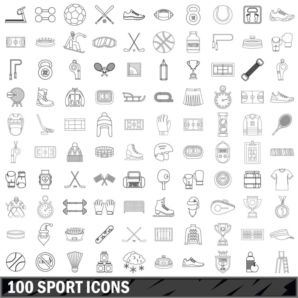 100 icone dello sport impostate, stile contorno vettore