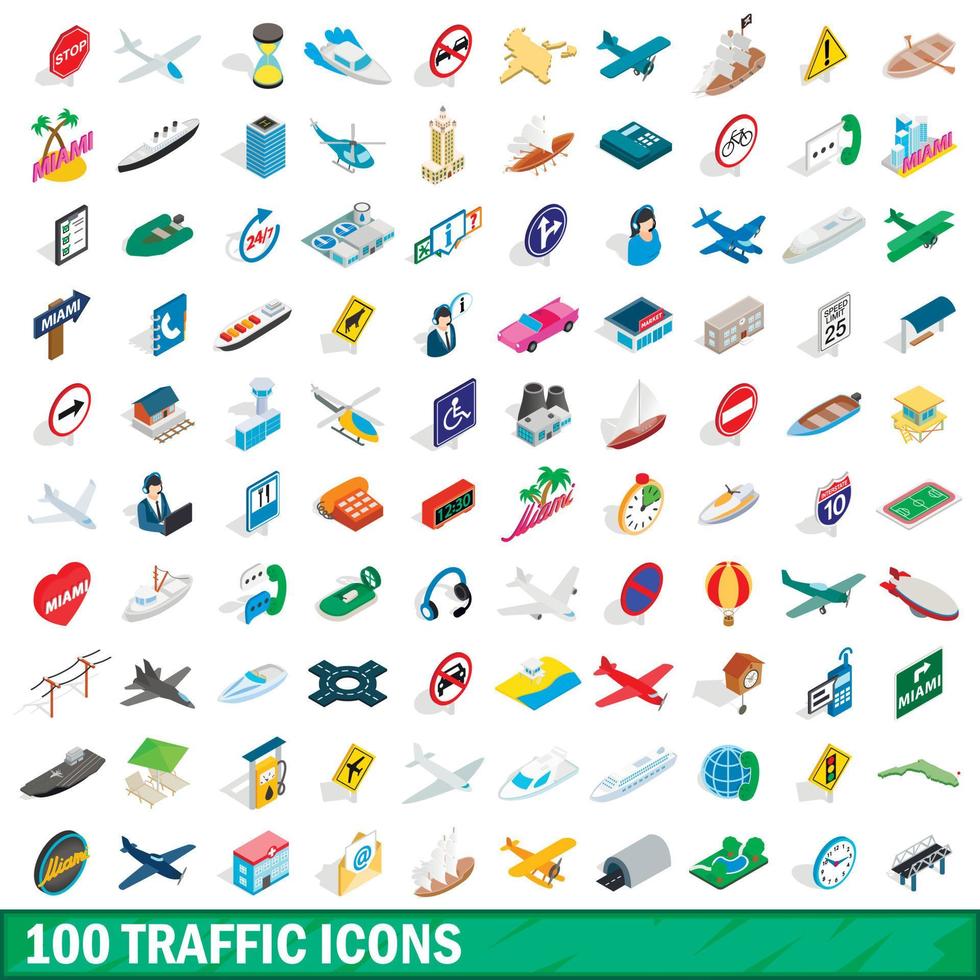 100 icone del traffico impostate, stile 3d isometrico vettore