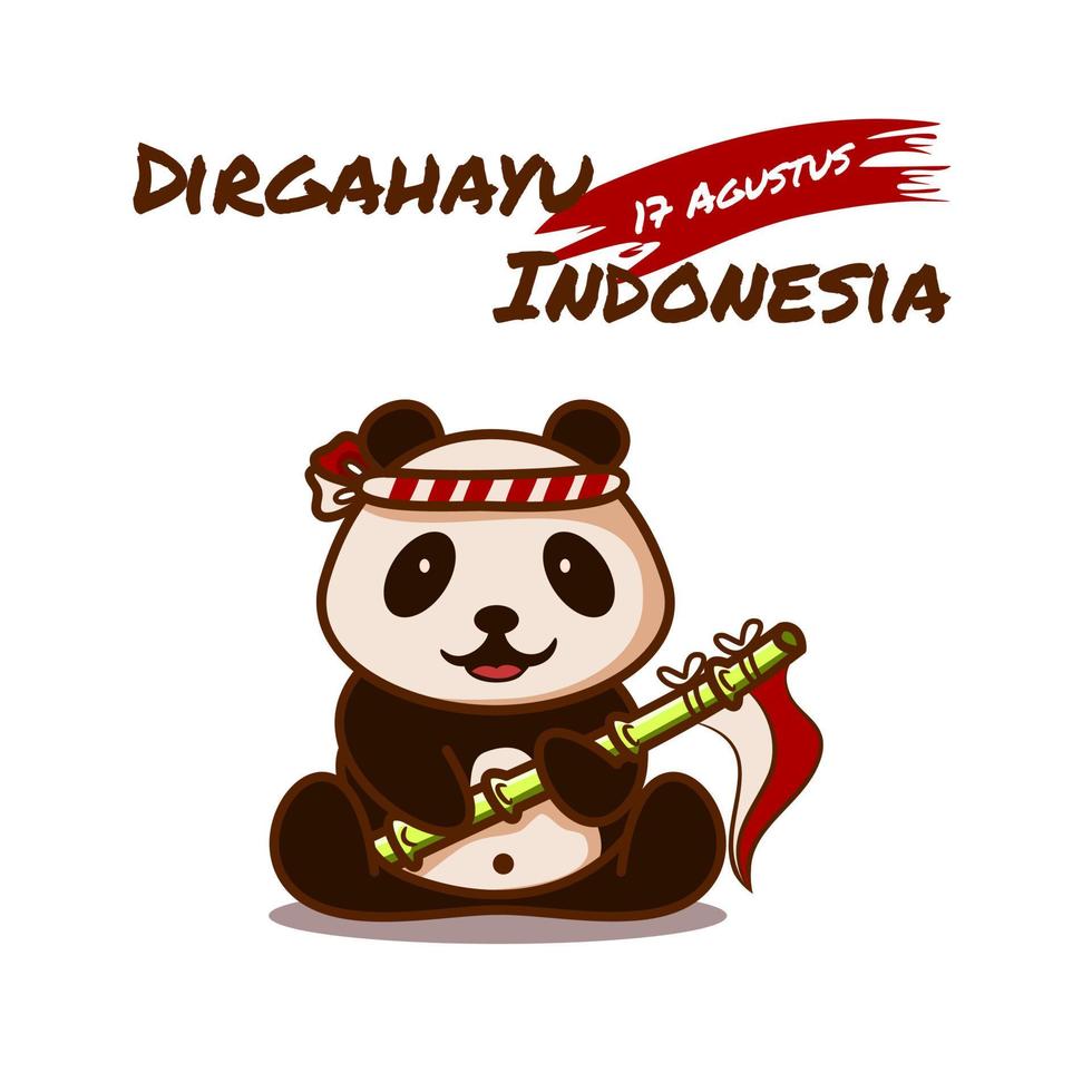 illustrazione carina di un panda che indossa una fascia con in mano una bandiera adatta per i saluti del giorno dell'indipendenza indonesiana vettore