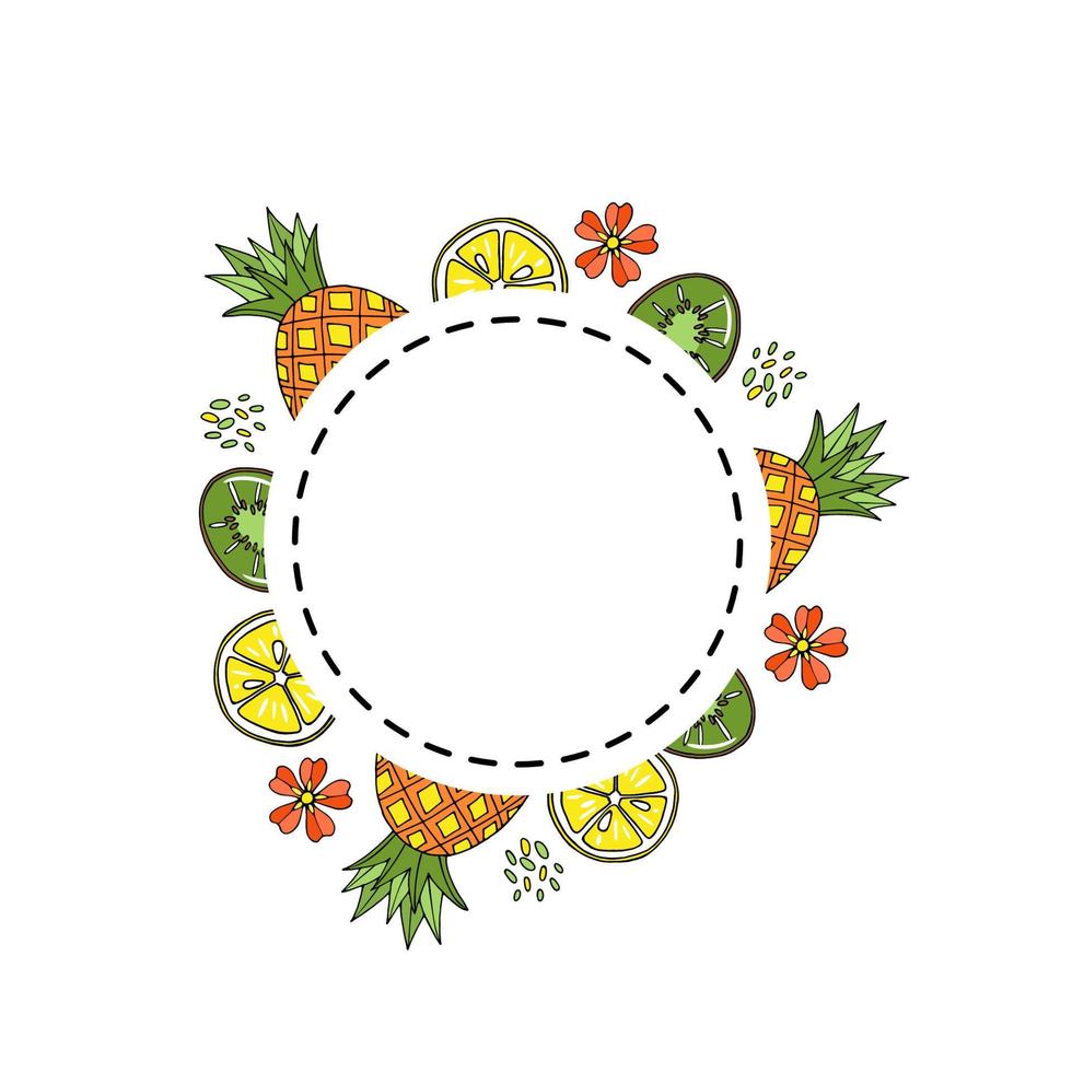 simpatico adesivo rotondo con frutti tropicali estivi e posto per il testo. vettore disegnato a mano in stile doodle cibo esotico