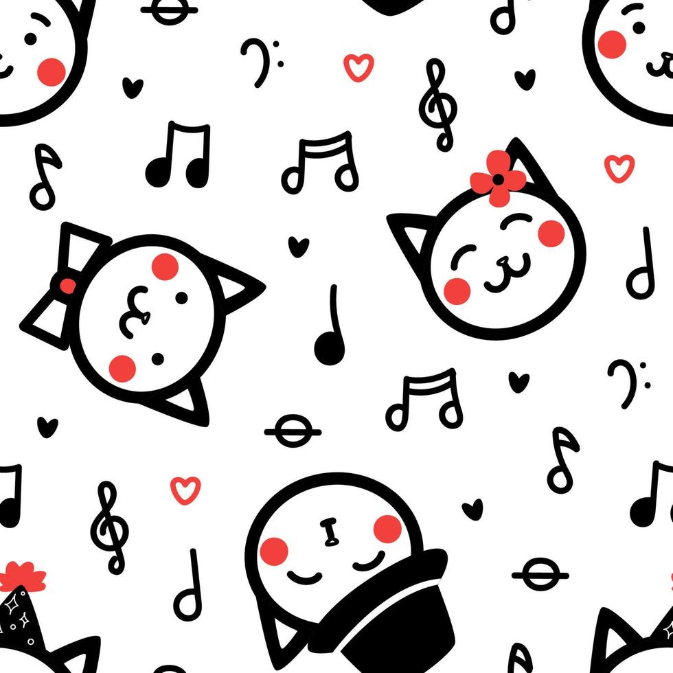 carino modello senza cuciture con gatti e note musicali. sfondo musicale divertente per tessuti per bambini, abbigliamento, design di carta da imballaggio. stampa vettoriale con animali disegnati in stile doodle
