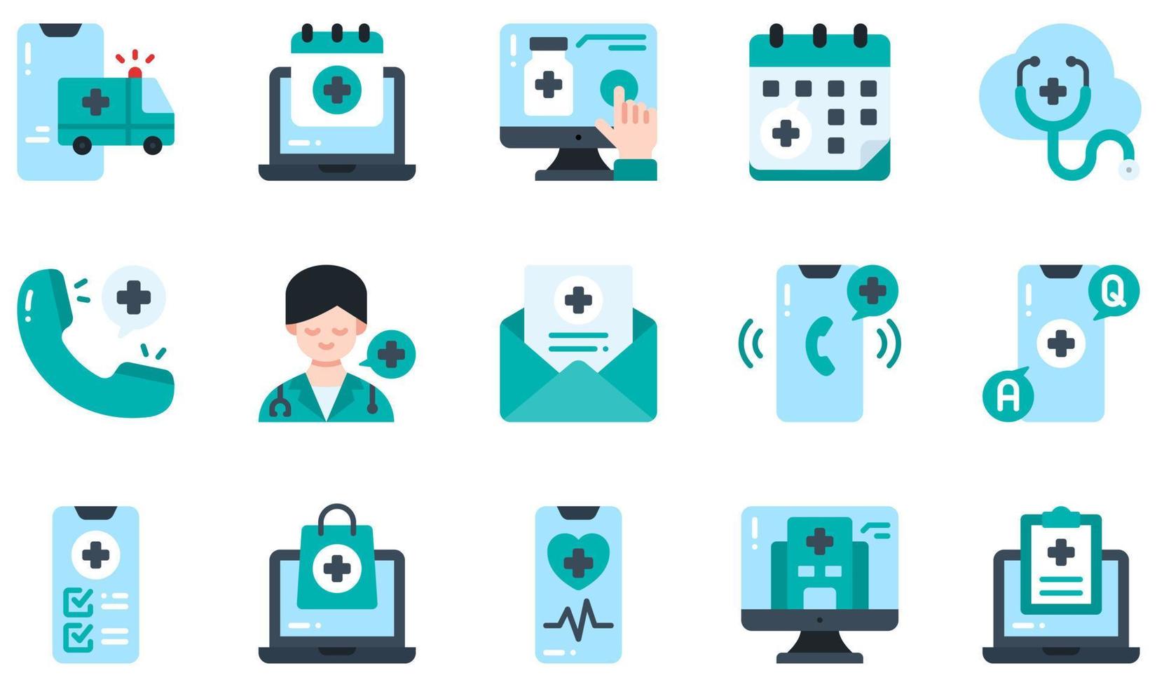 set di icone vettoriali relative alla telemedicina. contiene icone come ambulanza, appuntamento, acquisto online, consulenza, domande frequenti, assistenza sanitaria e altro ancora.