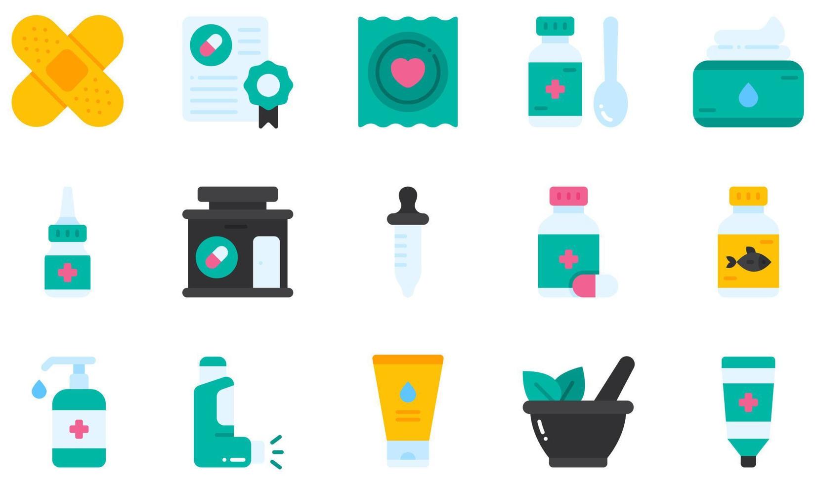 set di icone vettoriali relative alla farmacia. contiene icone come cerotto, tosse, crema, farmacia, olio di pesce, inalatore e altro ancora.
