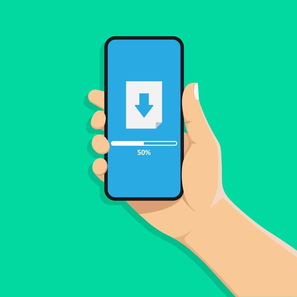 la mano tiene un telefono cellulare. il processo di caricamento sullo schermo dello smartphone. sfondo dell'interfaccia software. vettore