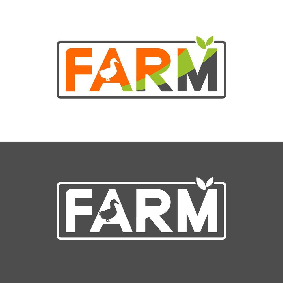 disegno del logotipo del testo dell'azienda agricola con l'illustrazione dell'anatra e delle foglie vettore