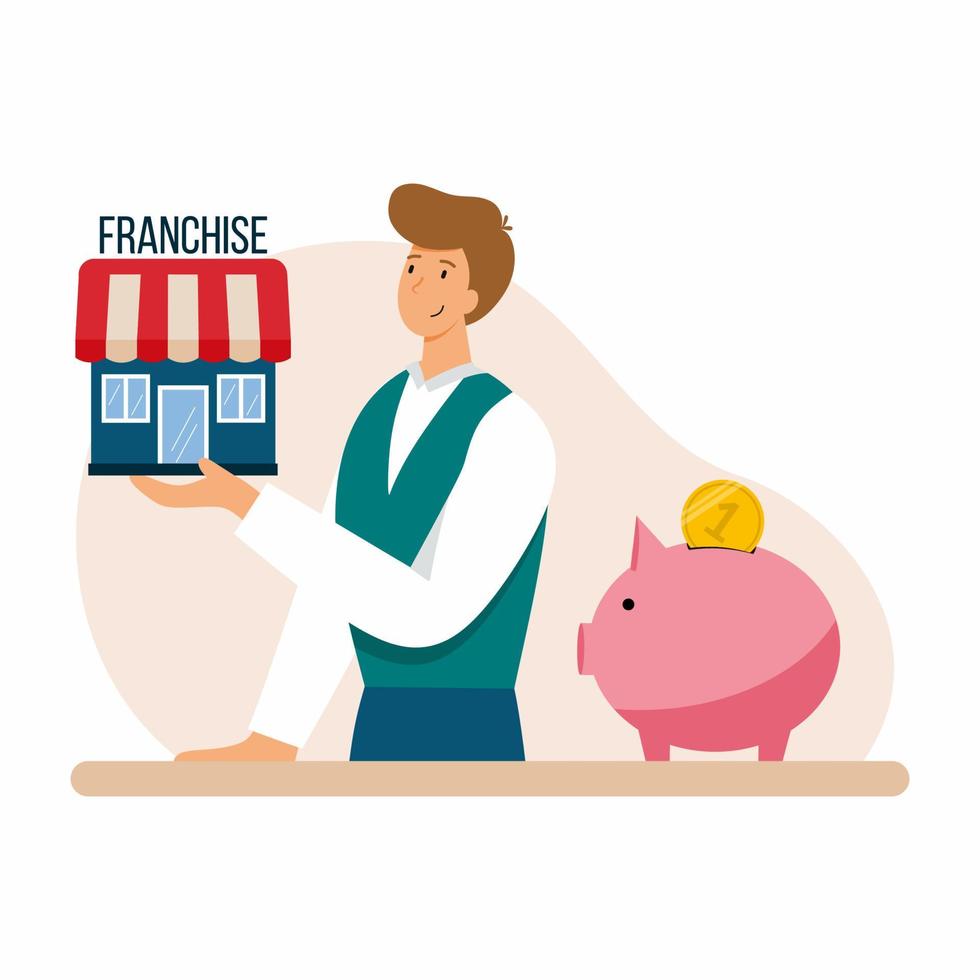 uomo d'affari vende franchising. sistema di franchising. illustrazione vettoriale in stile cartone animato. l'uomo si offre di acquistare affari già pronti.