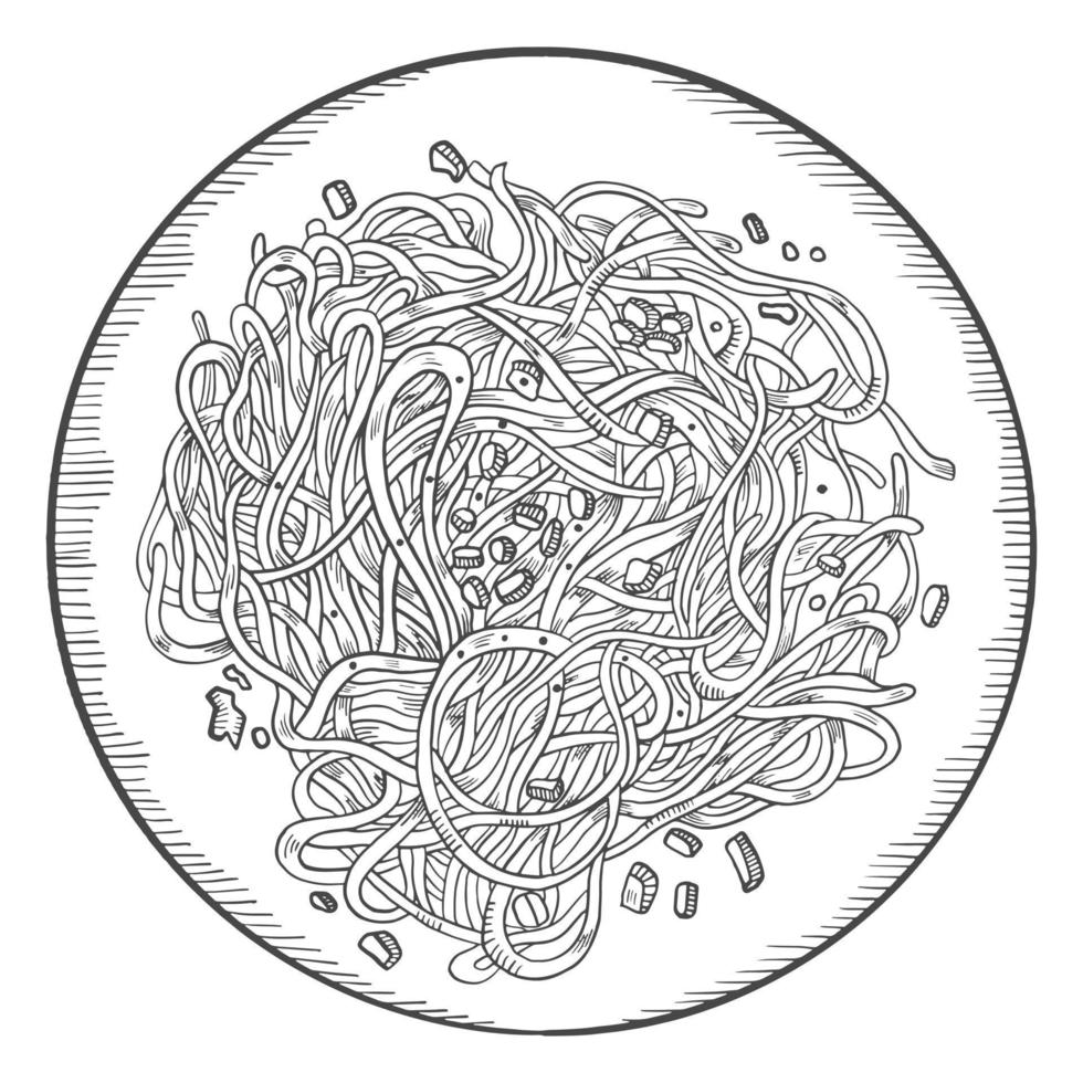 spaghetti alla carbonara italia o cucina italiana cibo tradizionale isolato doodle schizzo disegnato a mano con stile contorno vettore