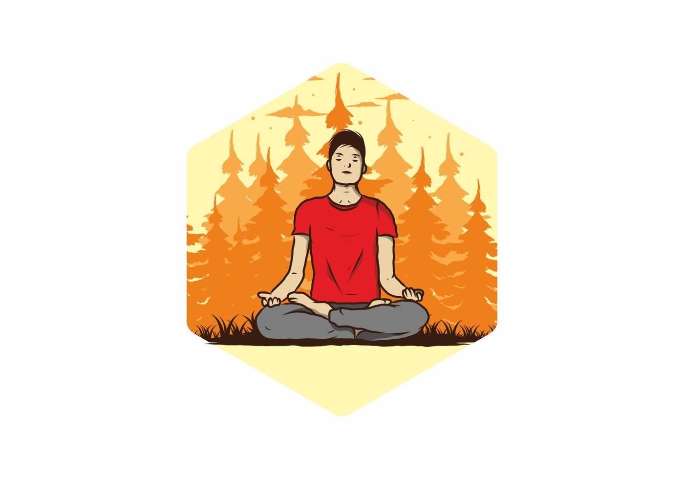 illustrazione di qualcuno che fa yoga e medita all'aperto in una foresta nella natura tra i pini vettore