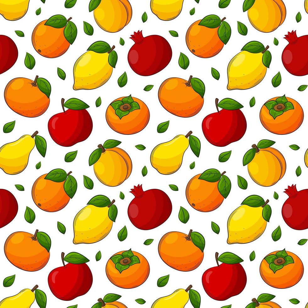 modello senza cuciture di frutta estiva succosa brillante. frutta disegnata a mano con un contorno. per tessuti estivi, packaging alimentare, tovaglioli. illustrazione vettoriale a colori su sfondo bianco.
