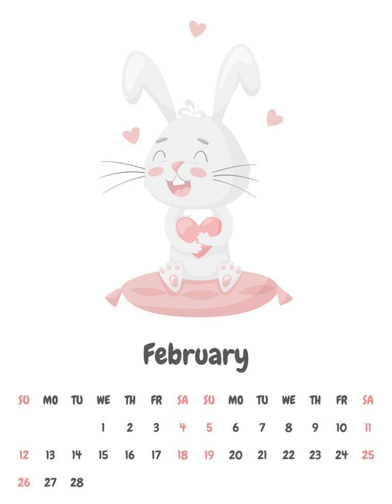 pagina del calendario per il mese di febbraio 2023 con un simpatico coniglio seduto su un cuscino rosa e con in mano un cuore. San Valentino. adorabile animale, personaggio in colori pastello. illustrazione vettoriale su bianco.