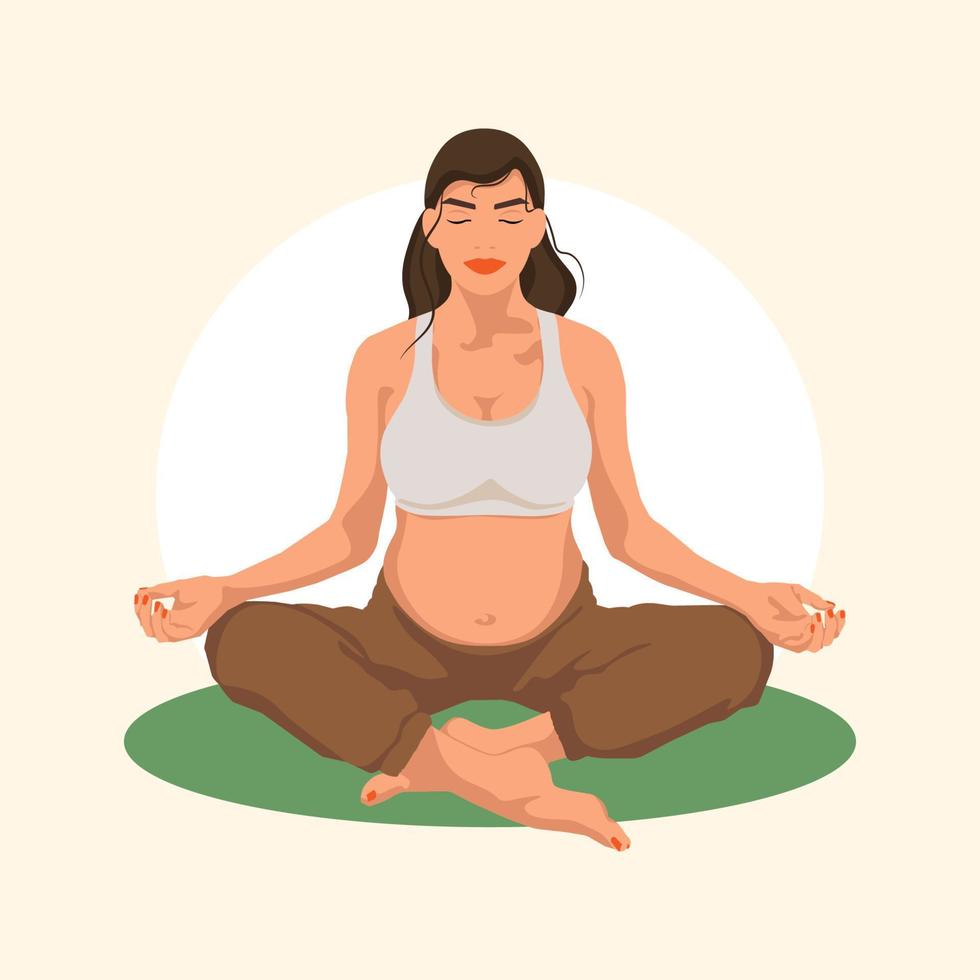 donna incinta seduta nella posa del loto. illustrazione concettuale per yoga, meditazione, relax, riposo, stile di vita sano. illustrazione vettoriale piatta.