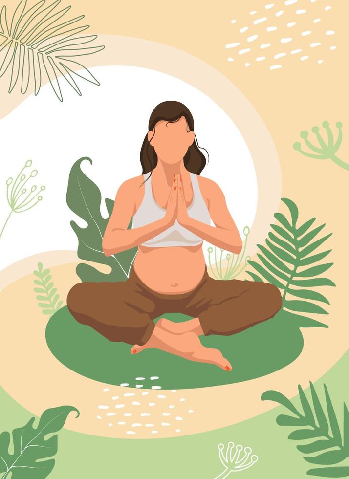 donna incinta in meditazione. illustrazione vettoriale di giovane donna bruna senza volto seduta nella posizione del loto yoga circondata da foglie di piante. concetto di armonia e pace.