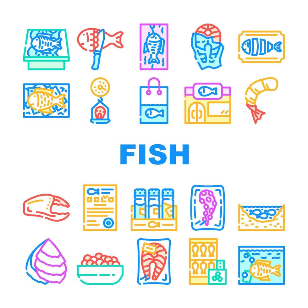 le icone della raccolta del prodotto del mercato del pesce impostano il vettore