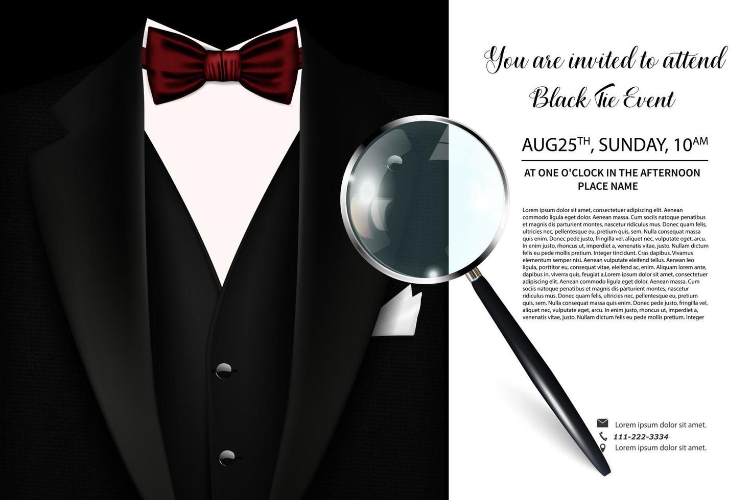 un invito a un evento in cravatta nera. elegante cartolina in bianco e nero. illustrazione vettoriale con i luoghi e gli orari dell'iscrizione