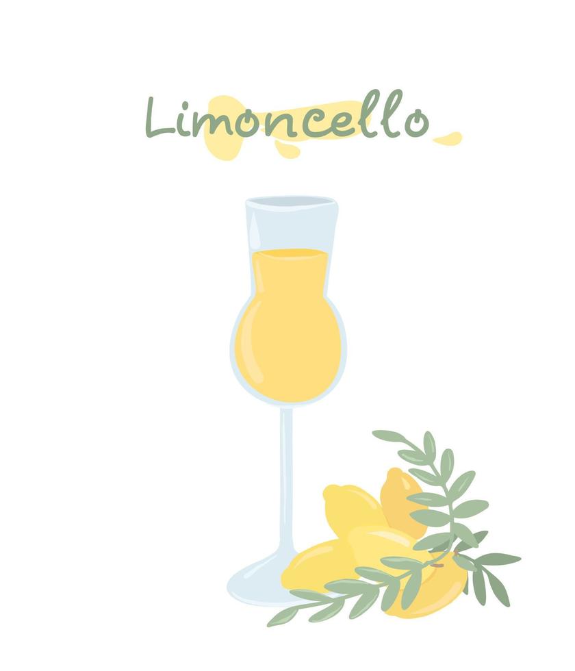 Limoncello tradizionale italiano. illustrazione di bevanda al limone per menu, caffè, ristoranti, cartoline. vettore