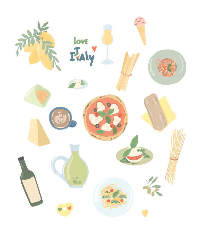 grande set di cibo italiano. illustrazione di piatti e prodotti della tradizione italiana. vettore