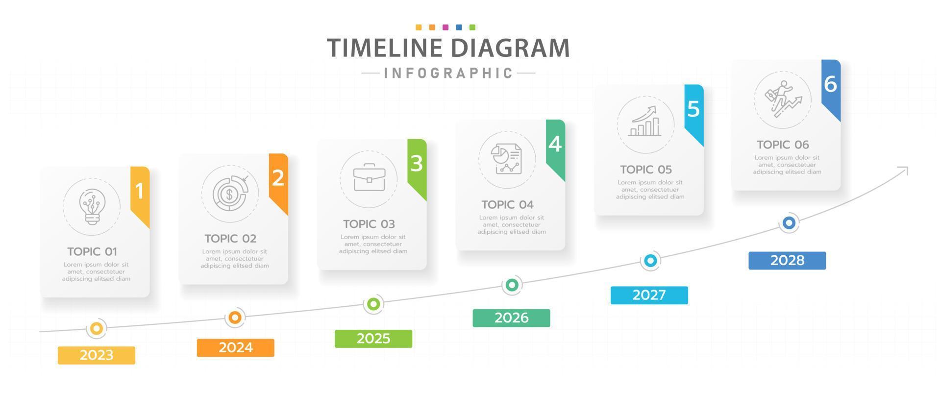 modello di infografica per le imprese. Calendario del diagramma della sequenza temporale a 6 passaggi con frecce di avanzamento, infografica vettoriale di presentazione.