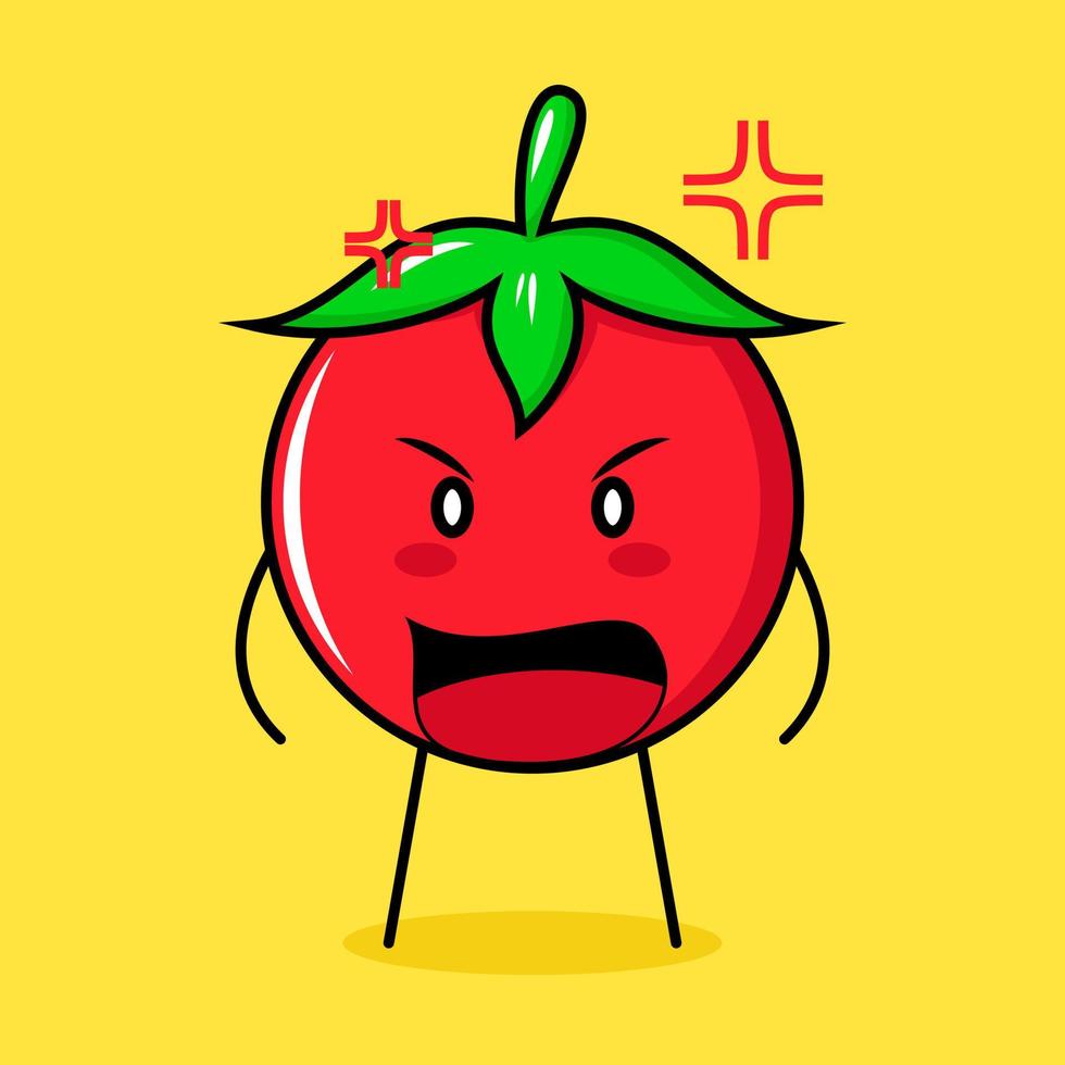 simpatico personaggio di pomodoro con espressione arrabbiata. bocca spalancata. verde, rosso e giallo. adatto per emoticon, logo, mascotte vettore