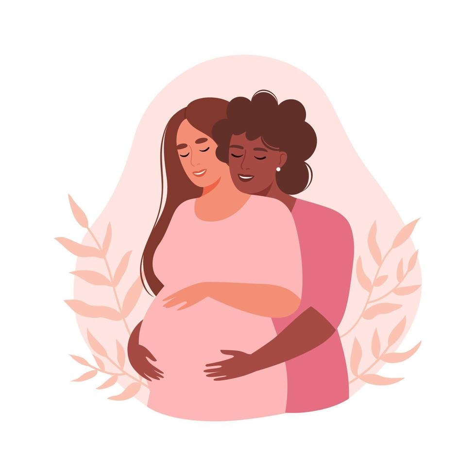 la famiglia lgbt felice aspetta un bambino. donna incinta con la moglie. concetto di gravidanza, famiglia, maternità. illustrazione vettoriale piatta.