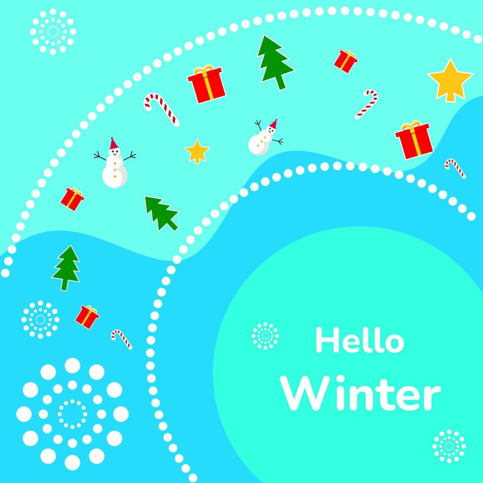 illustrazione invernale. sfondo invernale con pupazzo di neve, stella, albero, confezione regalo, bastoncino di zucchero e fiocchi di neve. adatto per biglietti di auguri, feed di social media e volantini vettore