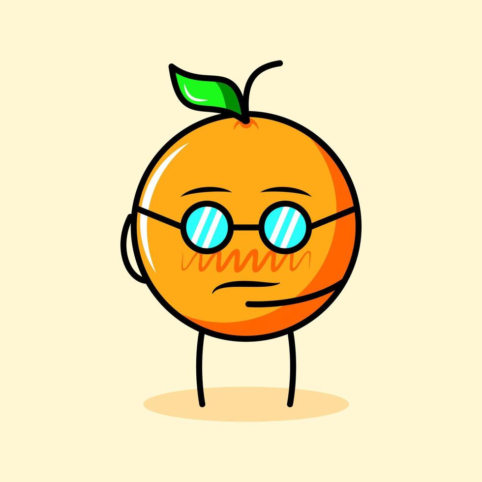 simpatico personaggio arancione con foglia, espressione fresca e occhiali. logotipo di cartone animato, emoticon, moderno, fresco, contorno e mascotte. adatto per logo, icona e segno vettore