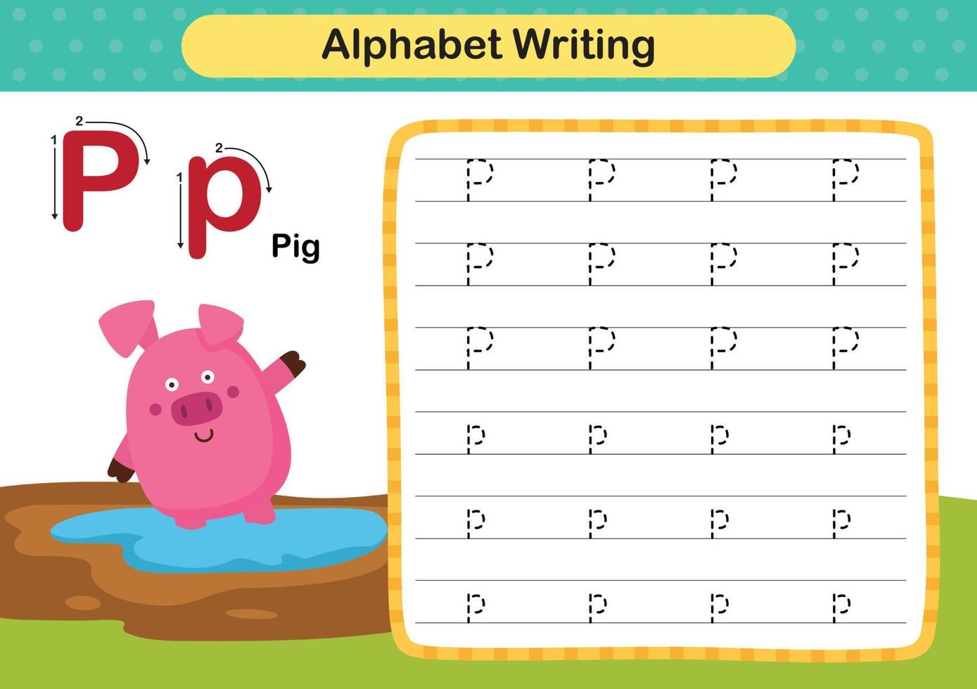 lettera dell'alfabeto p - esercizio di maiale con illustrazione del vocabolario dei cartoni animati, vettore
