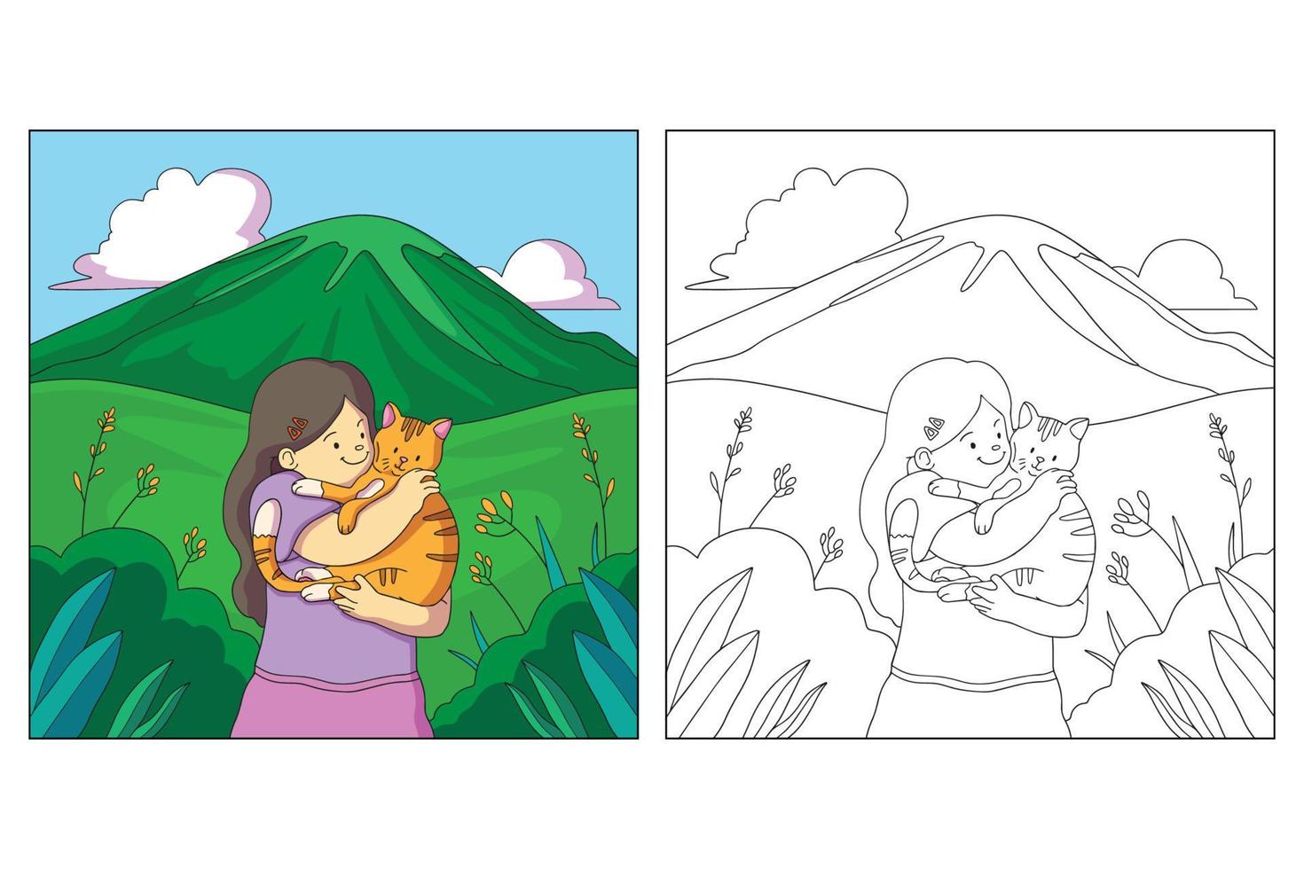 pagina da colorare per bambini e animali domestici disegnati a mano vettore