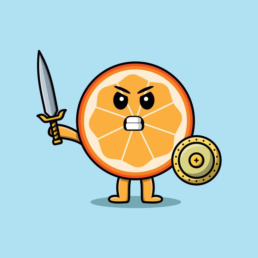 simpatico cartone animato frutta arancione che tiene spada e scudo vettore