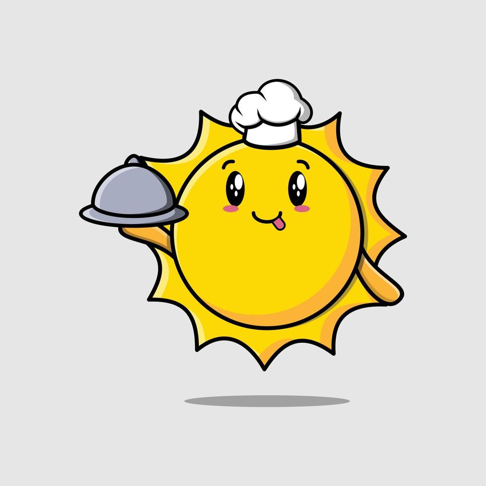 simpatico cartone animato chef sole mascotte che serve cibo sul vassoio vettore